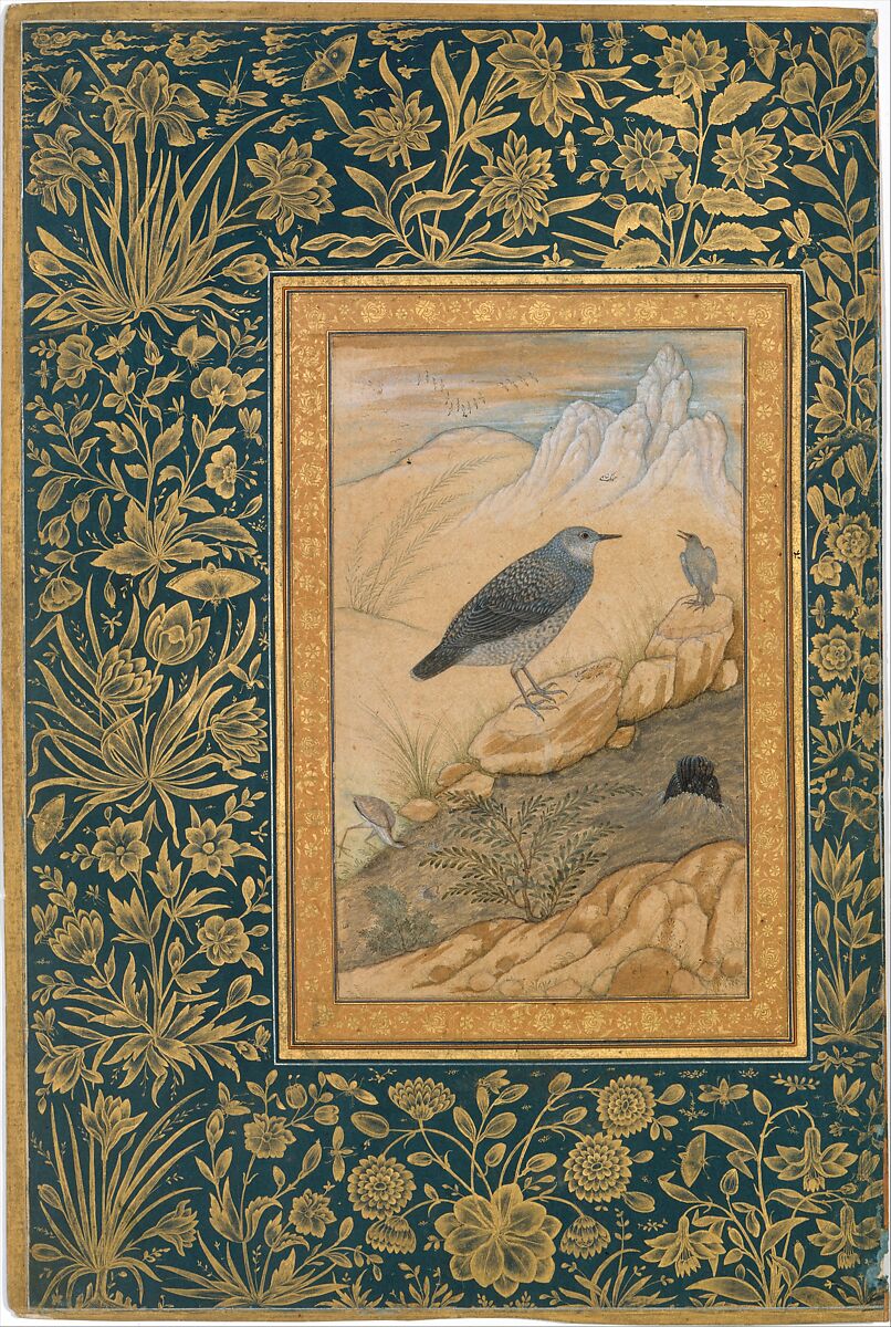 "Diving Dipper and Other Birds", Folio from the Shah Jahan Album, Painting by Mansur (active ca. 1589–1626), Ink, opaque watercolor, and gold on paper