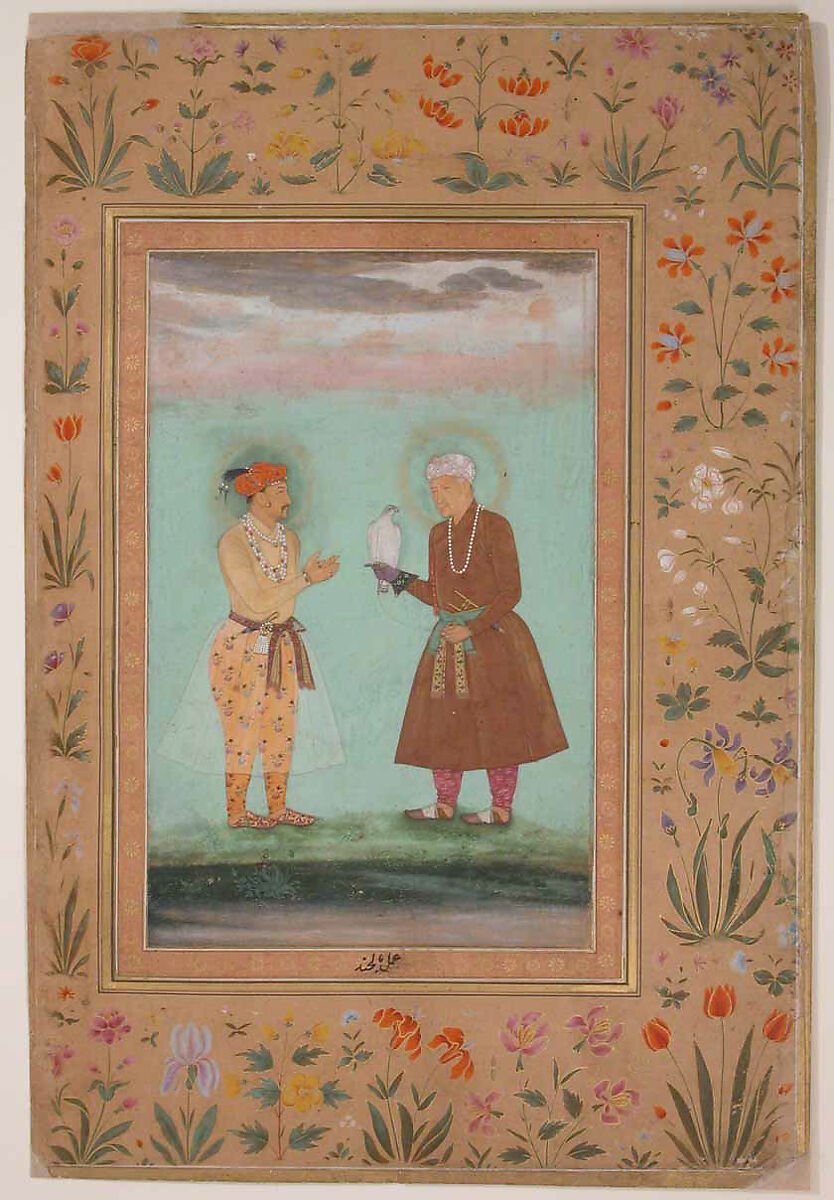 "Jahangir and his Father, Akbar", Folio from the Shah Jahan Album, Painting by Balachand (active 1595–ca. 1650), Ink, opaque watercolor, and gold on paper