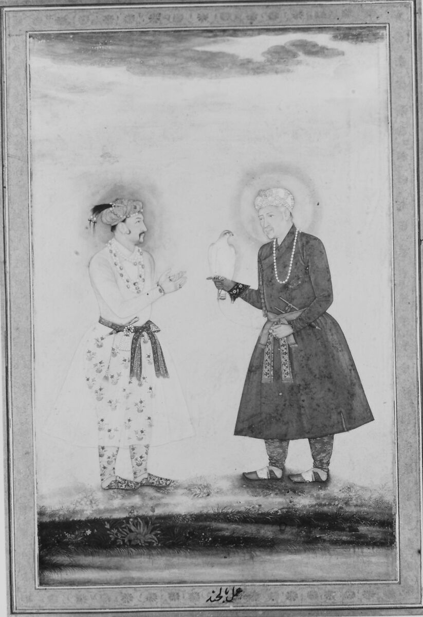 "Jahangir and his Father, Akbar", Folio from the Shah Jahan Album, Painting by Balachand (active 1595–ca. 1650), Ink, opaque watercolor, and gold on paper