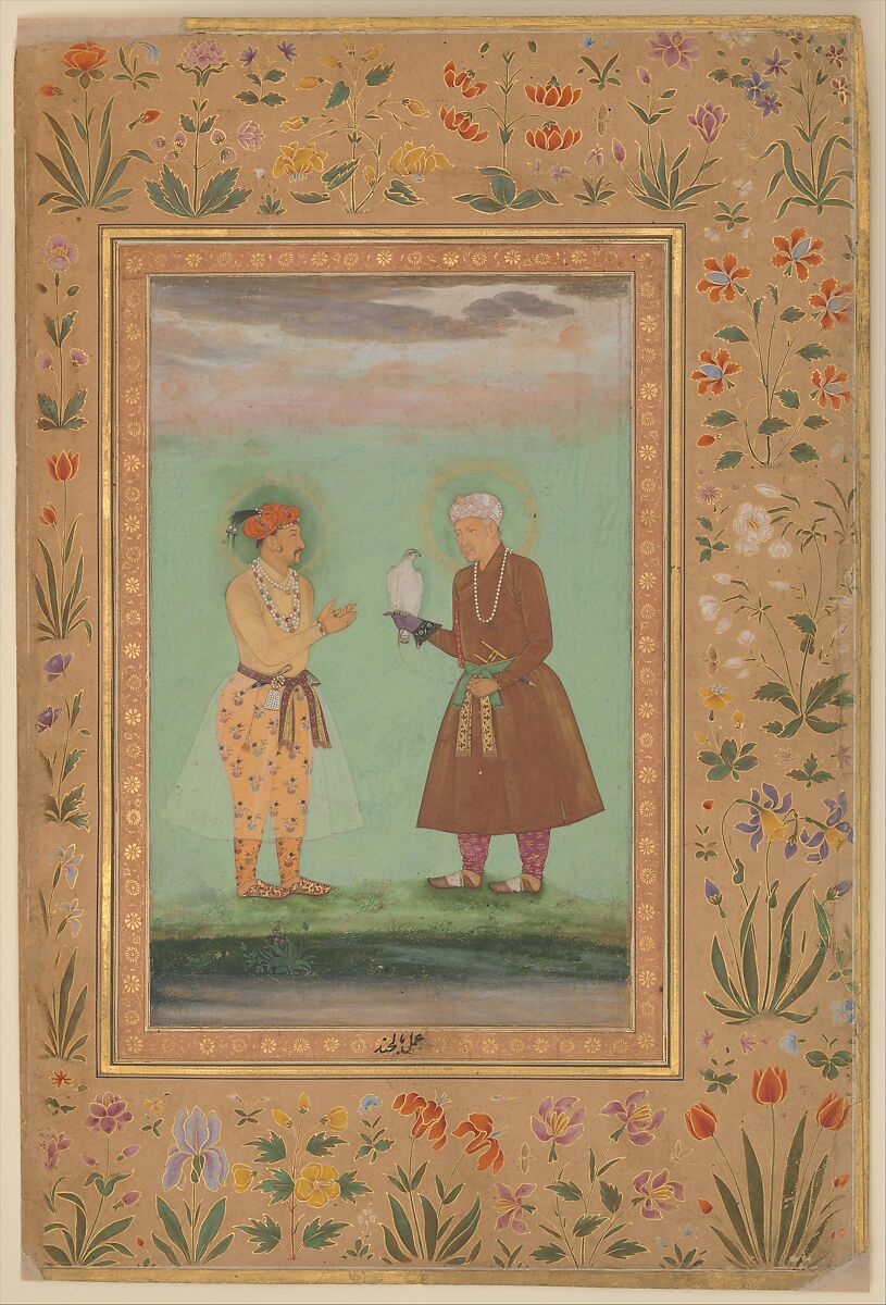 "Jahangir and his Father, Akbar", Folio from the Shah Jahan Album, Painting by Balachand (active 1595–ca. 1650), Ink, opaque watercolor, and gold on paper 