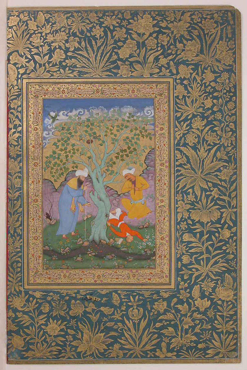 "A Youth Fallen From a Tree", Folio from the Shah Jahan Album, Painting by Aqa Riza (Iranian, born Meshhed, ca. 1560, active until ca. 1621), Ink, opaque watercolor, and gold on paper