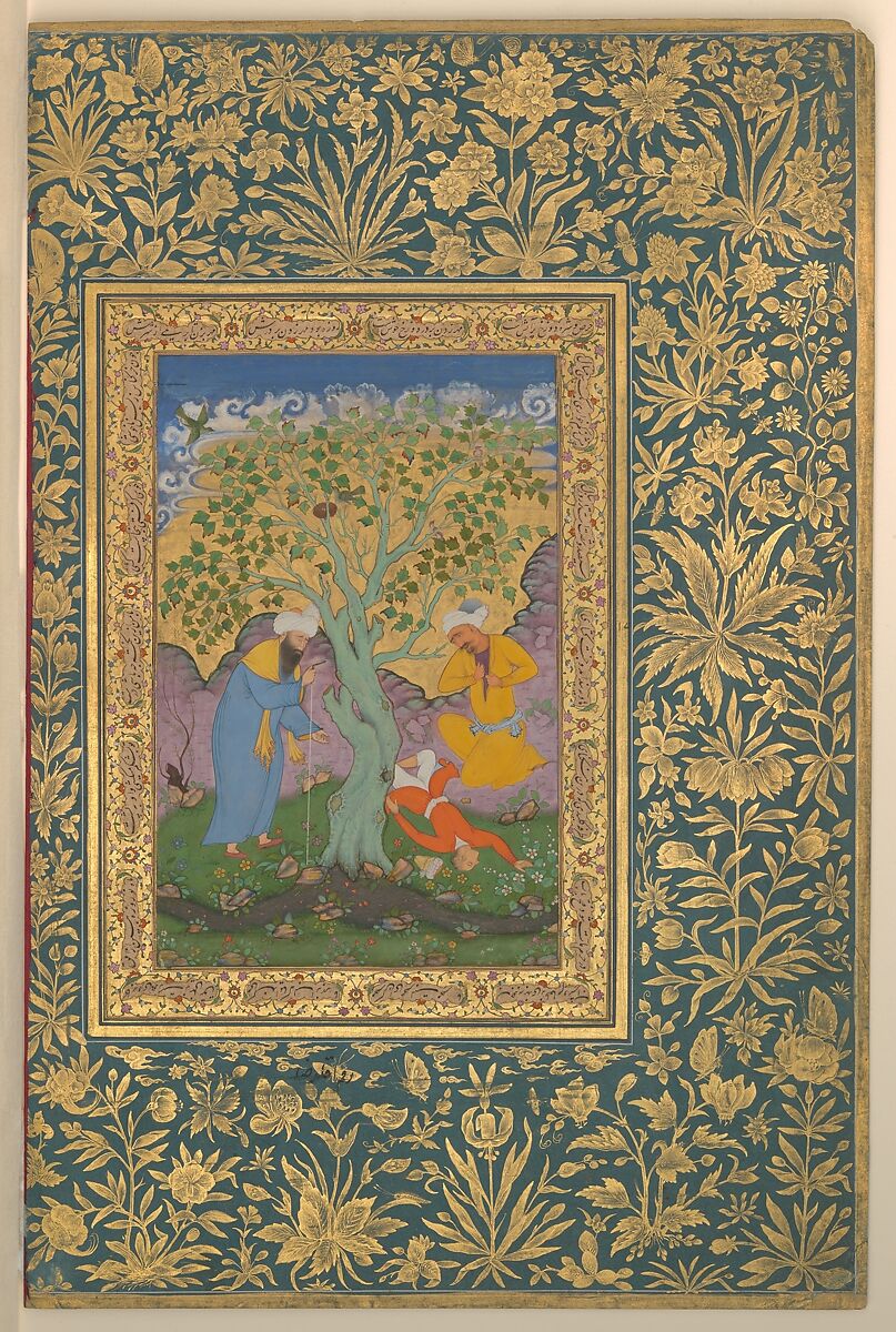 "A Youth Fallen From a Tree", Folio from the Shah Jahan Album, Aqa Riza  Iranian, Ink, opaque watercolor, and gold on paper