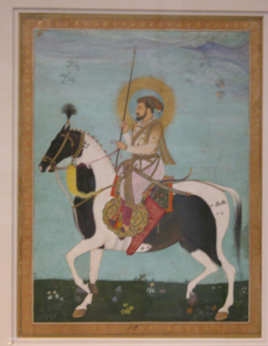 "Shah Jahan on Horseback", Folio from the Shah Jahan Album, Painting by Payag (Indian, active ca. 1591–1658), Ink, opaque watercolor, and gold on paper