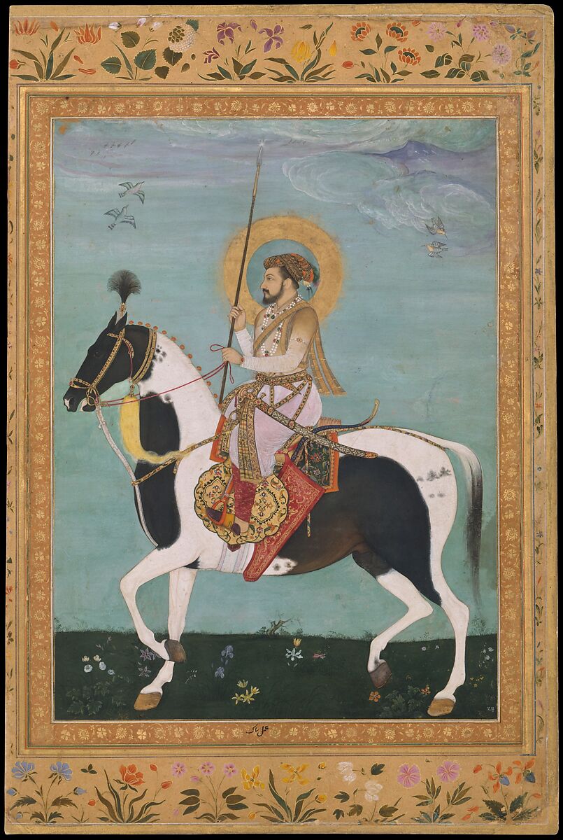 "Shah Jahan on Horseback", Folio from the Shah Jahan Album, Painting by Payag (Indian, active ca. 1591–1658), Ink, opaque watercolor, and gold on paper