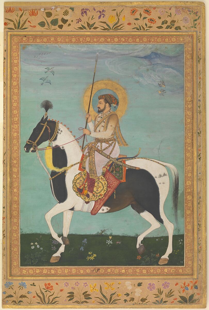 "Shah Jahan on Horseback", Folio from the Shah Jahan Album, Painting by Payag (Indian, active ca. 1591–1658), Ink, opaque watercolor, and gold on paper 