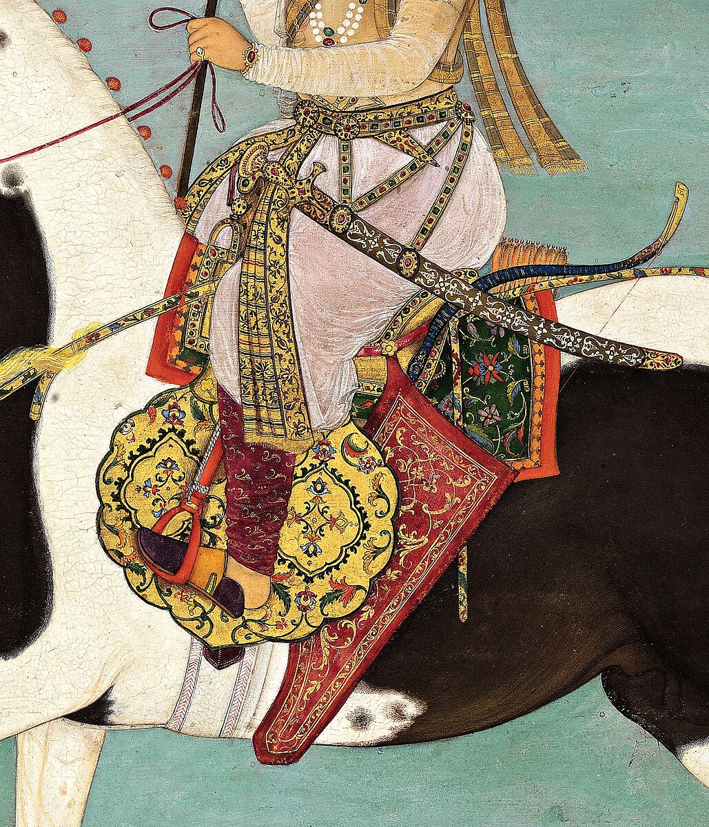 "Shah Jahan on Horseback", Folio from the Shah Jahan Album, Painting by Payag (Indian, active ca. 1591–1658), Ink, opaque watercolor, and gold on paper
