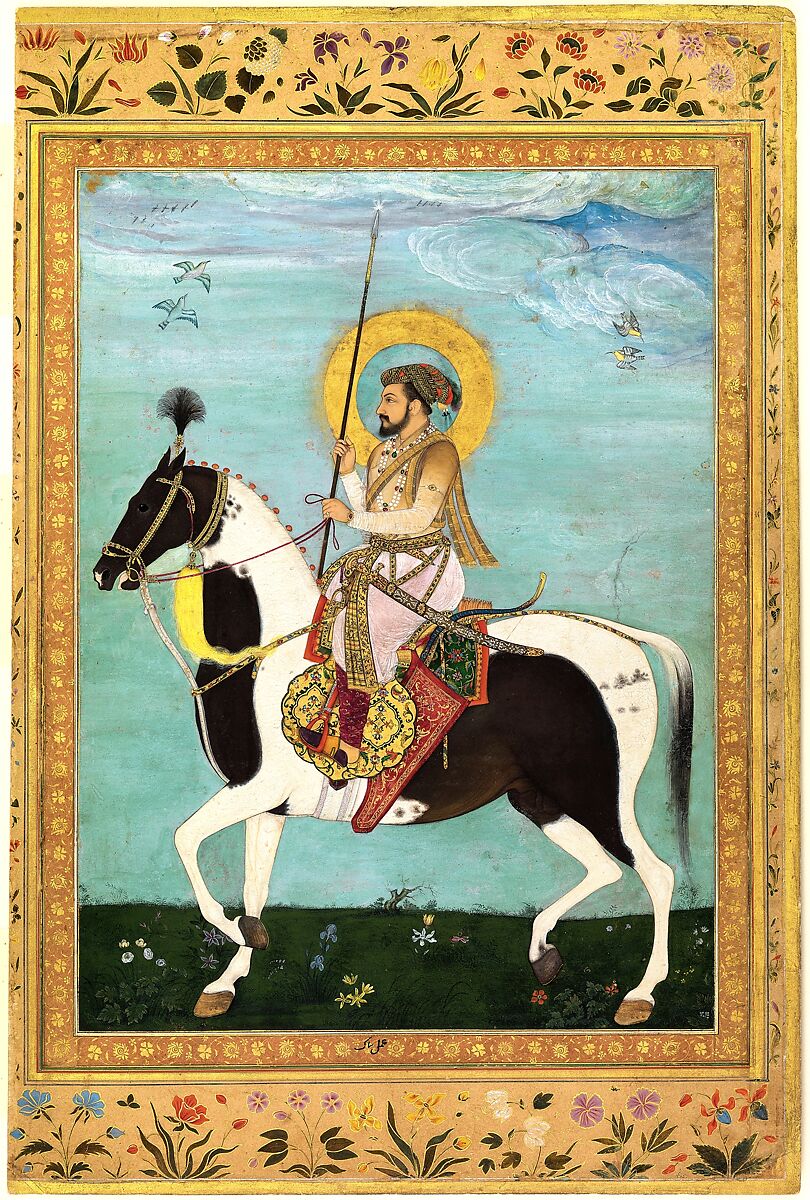 "Shah Jahan on Horseback", Folio from the Shah Jahan Album, Painting by Payag (Indian, active ca. 1591–1658), Ink, opaque watercolor, and gold on paper