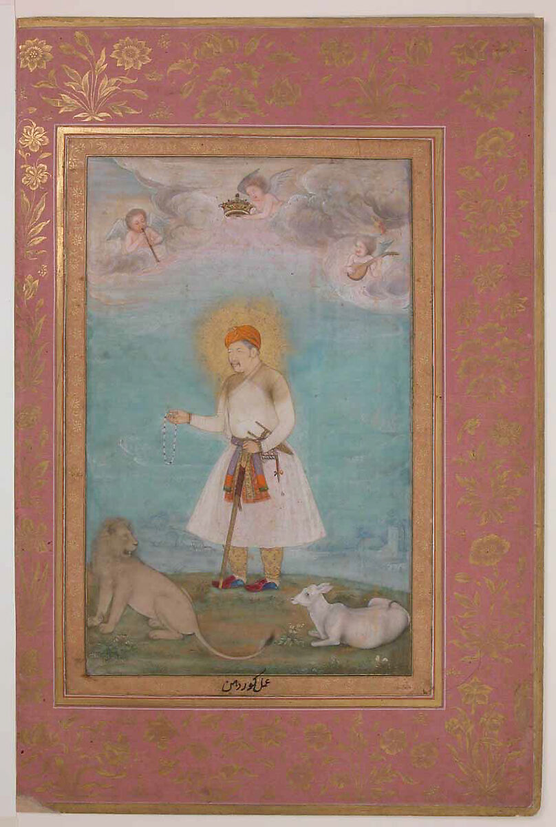 "Akbar With Lion and Calf", Folio from the Shah Jahan Album, Painting by Govardhan (active ca. 1596–1645), Ink, opaque watercolor, and gold on paper