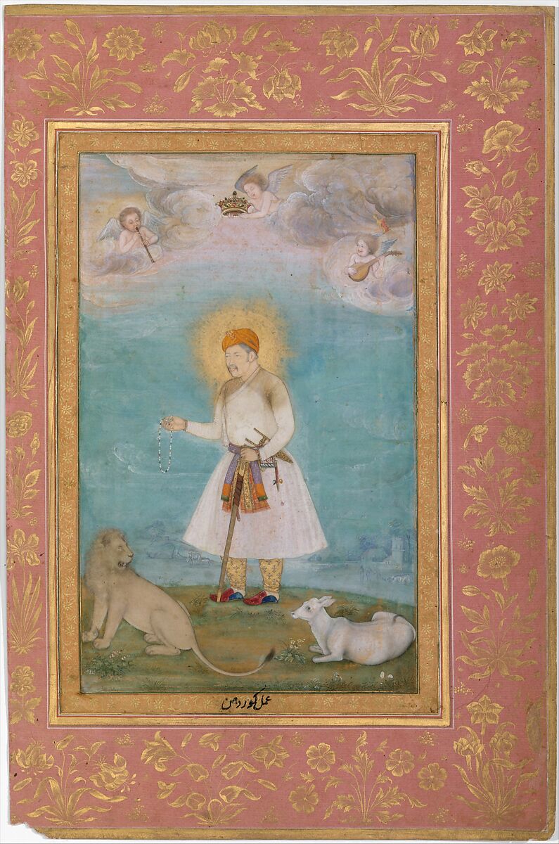 "Akbar With Lion and Calf", Folio from the Shah Jahan Album, Painting by Govardhan (active ca. 1596–1645), Ink, opaque watercolor, and gold on paper 