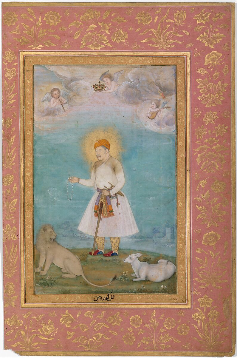 "Akbar With Lion and Calf", Folio from the Shah Jahan Album, Govardhan, Ink, opaque watercolor, and gold on paper