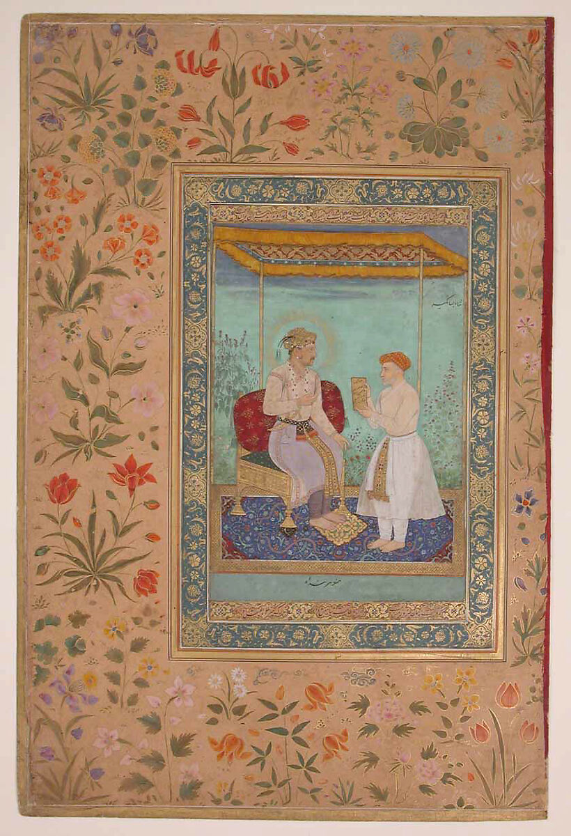 "Jahangir and His Vizier, I'timad al-Daula", Folio from the Shah Jahan Album, Painting by Manohar (active ca. 1582–1624), Ink, opaque watercolor, and gold on paper