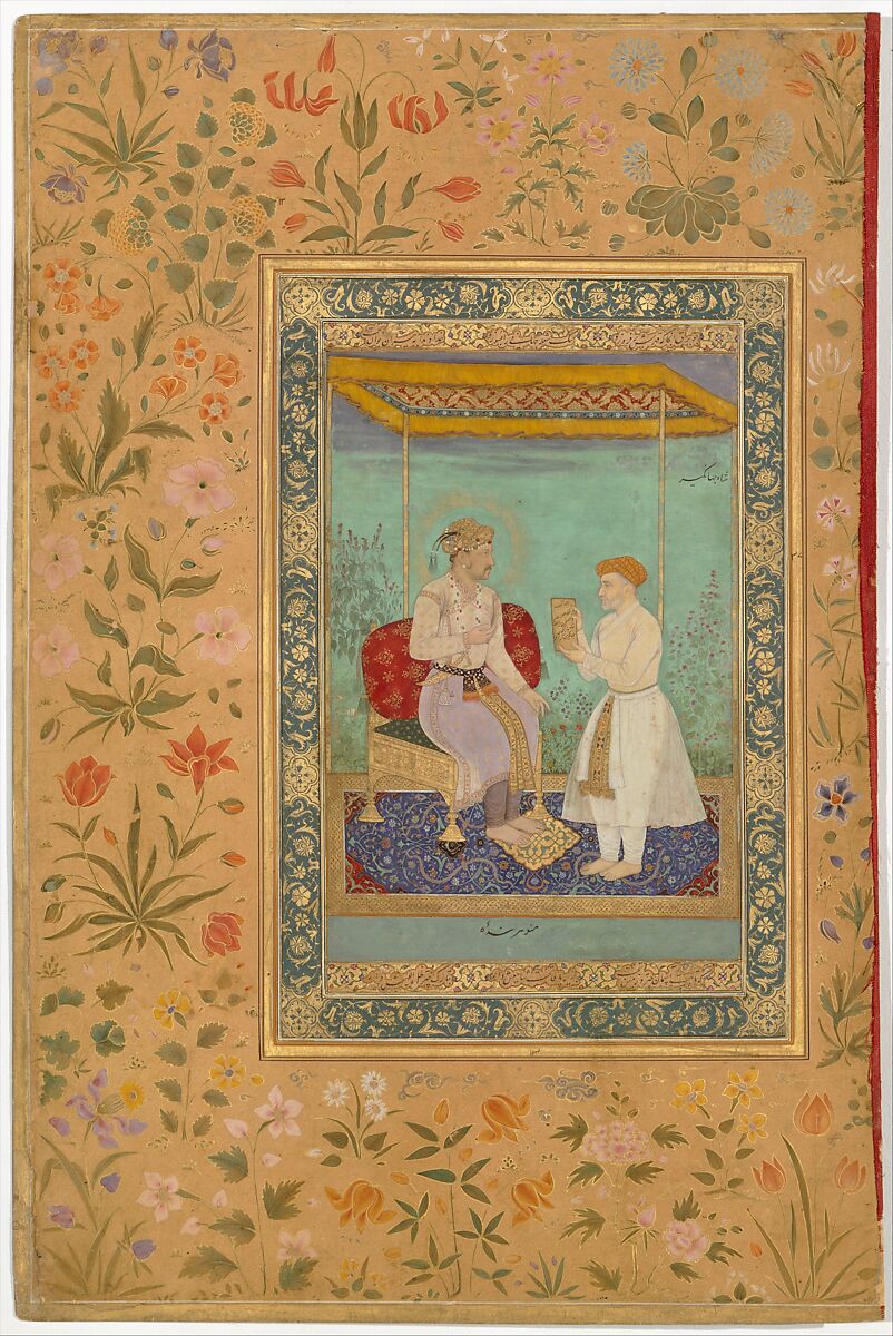 "Jahangir and His Vizier, I'timad al-Daula", Folio from the Shah Jahan Album, Painting by Manohar (active ca. 1582–1624), Ink, opaque watercolor, and gold on paper
