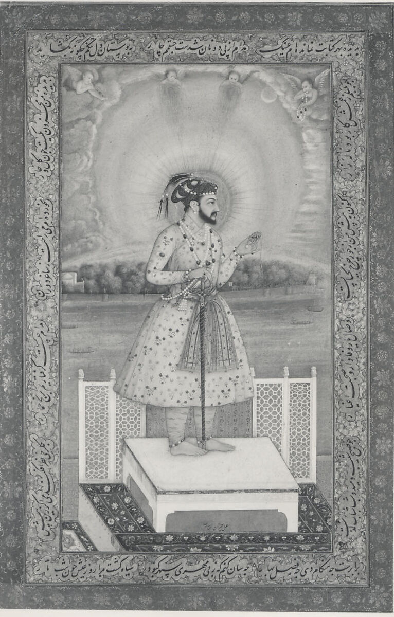 "Shah Jahan on a Terrace, Holding a Pendant Set With His Portrait", Folio from the Shah Jahan Album, Painted by Chitarman (Indian, active ca. 1627–70), Ink, opaque watercolor, and gold on paper