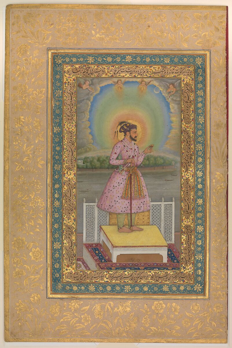 "Shah Jahan on a Terrace, Holding a Pendant Set With His Portrait", Folio from the Shah Jahan Album, Painted by Chitarman (Indian, active ca. 1627–70), Ink, opaque watercolor, and gold on paper 