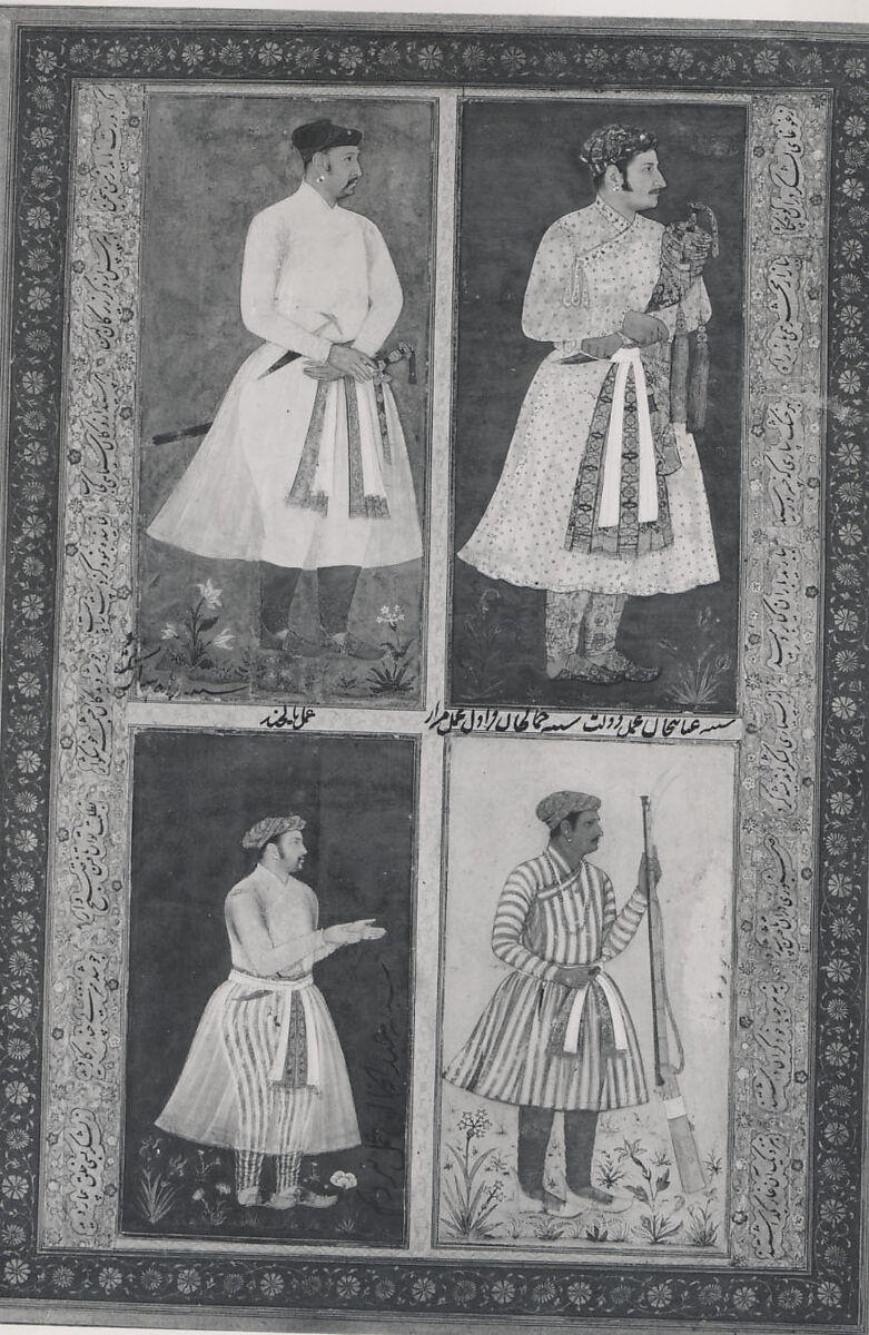 "Four Portraits: (upper left) A Raja (Perhaps Raja Sarang Rao), by Balchand; (upper right) 'Inayat Khan, by Daulat; (lower left) 'Abd al-Khaliq, probably by Balchand; (lower right) Jamal Khan Qaravul, by Murad", Folio from the Shah Jahan Album, Painting by Balachand (active 1595–ca. 1650), Ink, opaque watercolor, and gold on paper