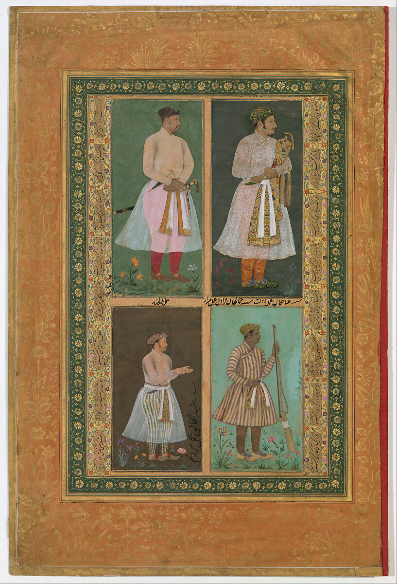 "Four Portraits: (upper left) A Raja (Perhaps Raja Sarang Rao), by Balchand; (upper right) 'Inayat Khan, by Daulat; (lower left) 'Abd al-Khaliq, probably by Balchand; (lower right) Jamal Khan Qaravul, by Murad", Folio from the Shah Jahan Album, Painting by Balachand (active 1595–ca. 1650), Ink, opaque watercolor, and gold on paper