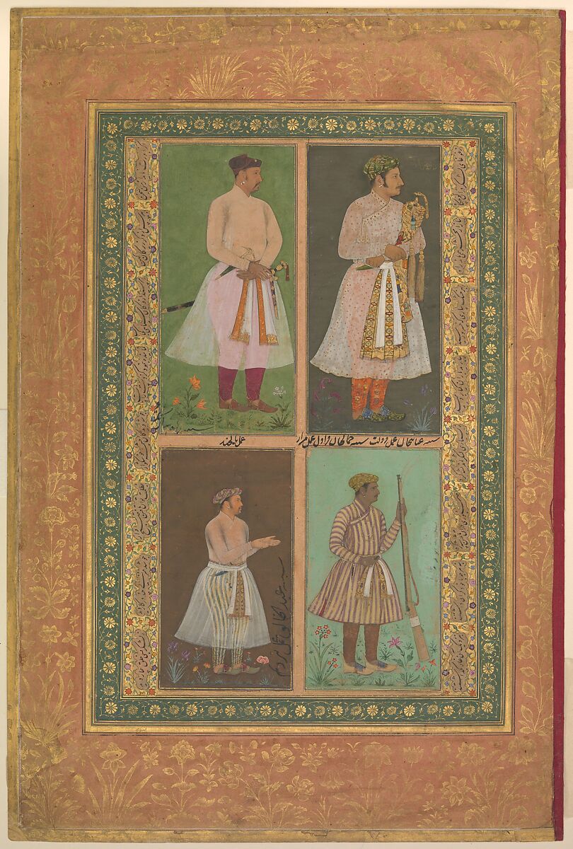 "Four Portraits: (upper left) A Raja (Perhaps Raja Sarang Rao), by Balchand; (upper right) 'Inayat Khan, by Daulat; (lower left) 'Abd al-Khaliq, probably by Balchand; (lower right) Jamal Khan Qaravul, by Murad", Folio from the Shah Jahan Album, Painting by Balachand (active 1595–ca. 1650), Ink, opaque watercolor, and gold on paper 