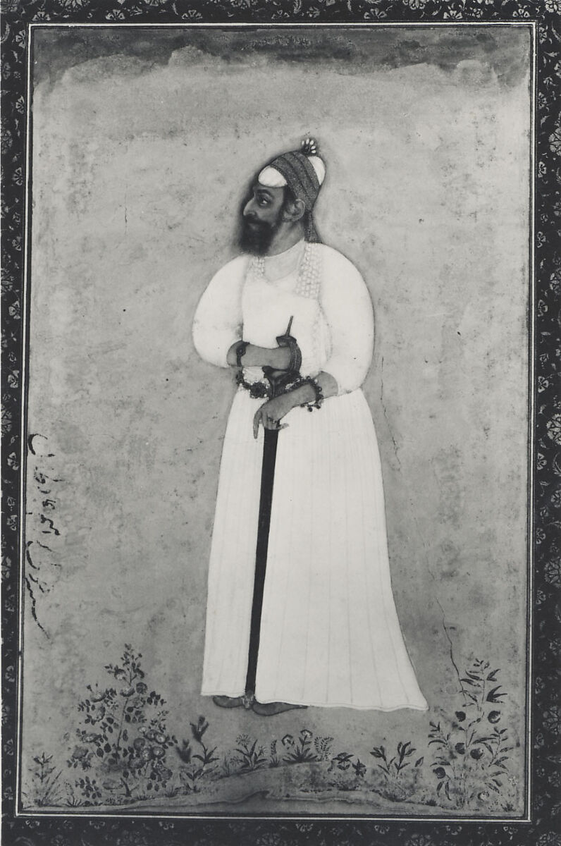 "Portrait of Ibrahim 'Adil Shah II of Bijapur", Folio from the Shah Jahan Album, Painting by Hashim (Indian, active ca. 1620–60), Ink, opaque watercolor, and gold on paper