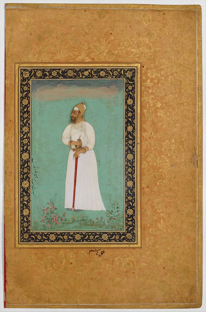 "Portrait of Ibrahim 'Adil Shah II of Bijapur", Folio from the Shah Jahan Album, Painting by Hashim (Indian, active ca. 1620–60), Ink, opaque watercolor, and gold on paper