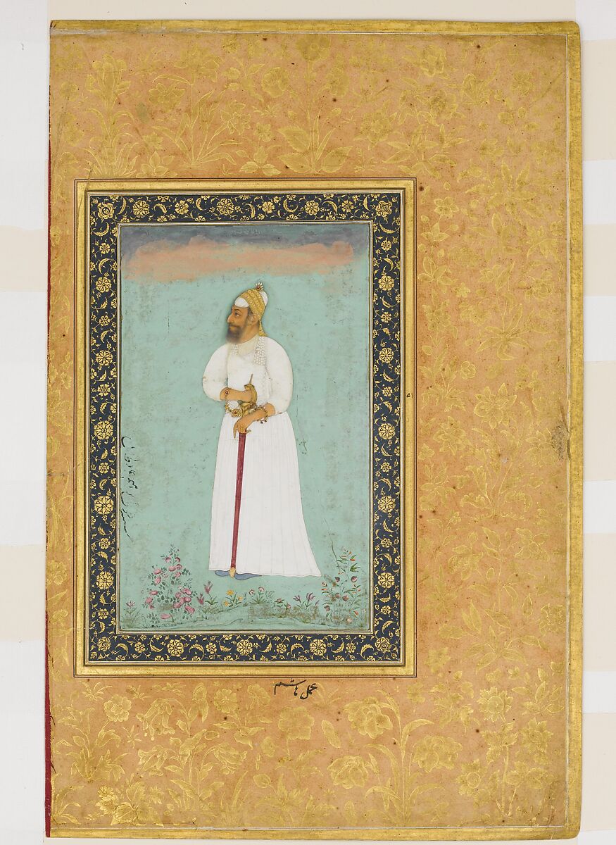 "Portrait of Ibrahim 'Adil Shah II of Bijapur", Folio from the Shah Jahan Album, Painting by Hashim (Indian, active ca. 1620–60), Ink, opaque watercolor, and gold on paper 