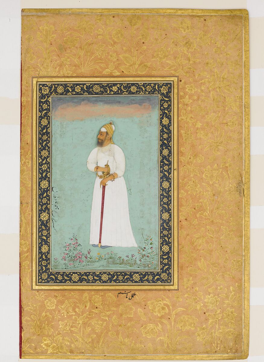 "Portrait of Ibrahim 'Adil Shah II of Bijapur", Folio from the Shah Jahan Album, Hashim  Indian, Ink, opaque watercolor, and gold on paper