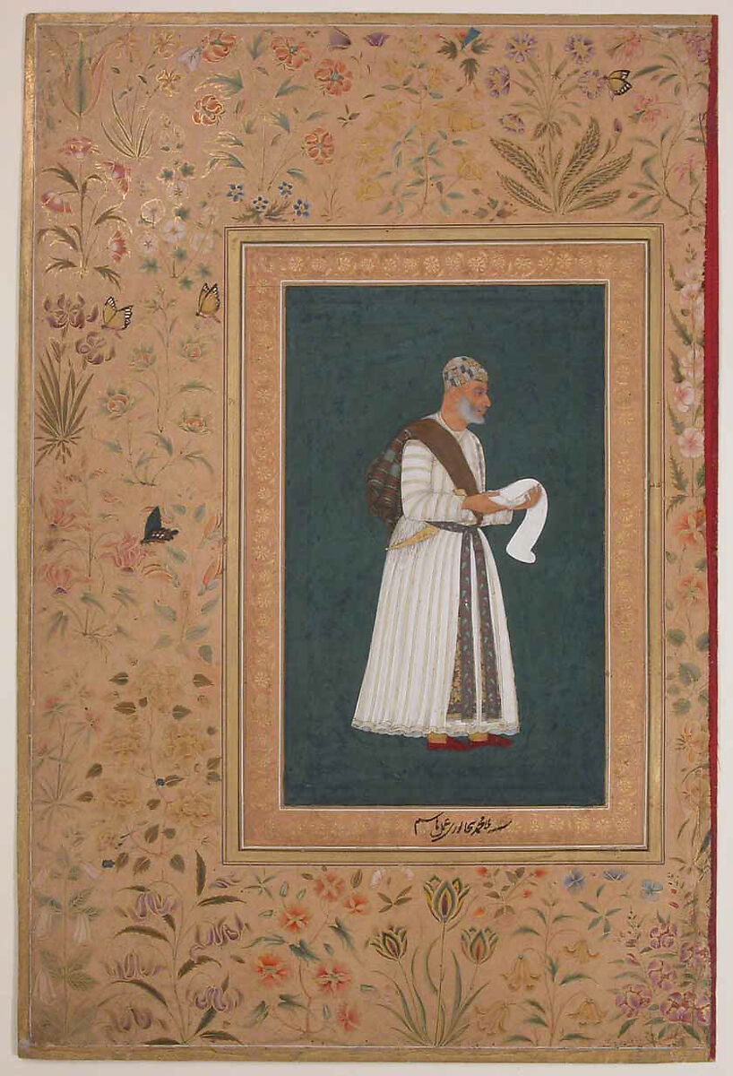 "Portrait of Mulla Muhammad Khan Vali of Bijapur", Folio from the Shah Jahan Album, Painting by Hashim (Indian, active ca. 1620–60), Ink, opaque watercolor, and gold on paper