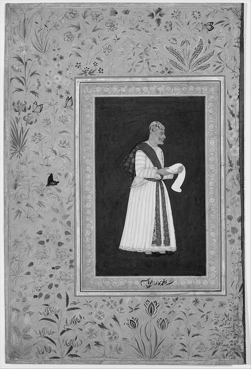 "Portrait of Mulla Muhammad Khan Vali of Bijapur", Folio from the Shah Jahan Album, Painting by Hashim (Indian, active ca. 1620–60), Ink, opaque watercolor, and gold on paper