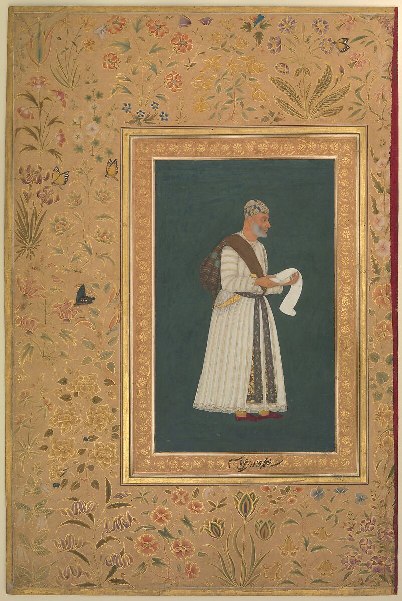 "Portrait of Mulla Muhammad Khan Vali of Bijapur", Folio from the Shah Jahan Album, Hashim  Indian, Ink, opaque watercolor, and gold on paper