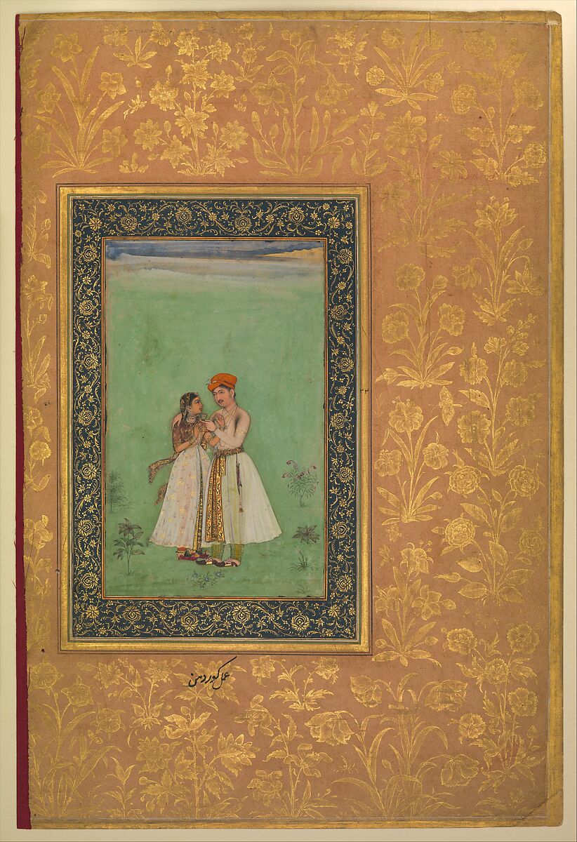 "Shah Shuja with a Beloved", Folio from the Shah Jahan Album, Painting by Govardhan (active ca. 1596–1645), Ink, opaque watercolor, and gold on paper 