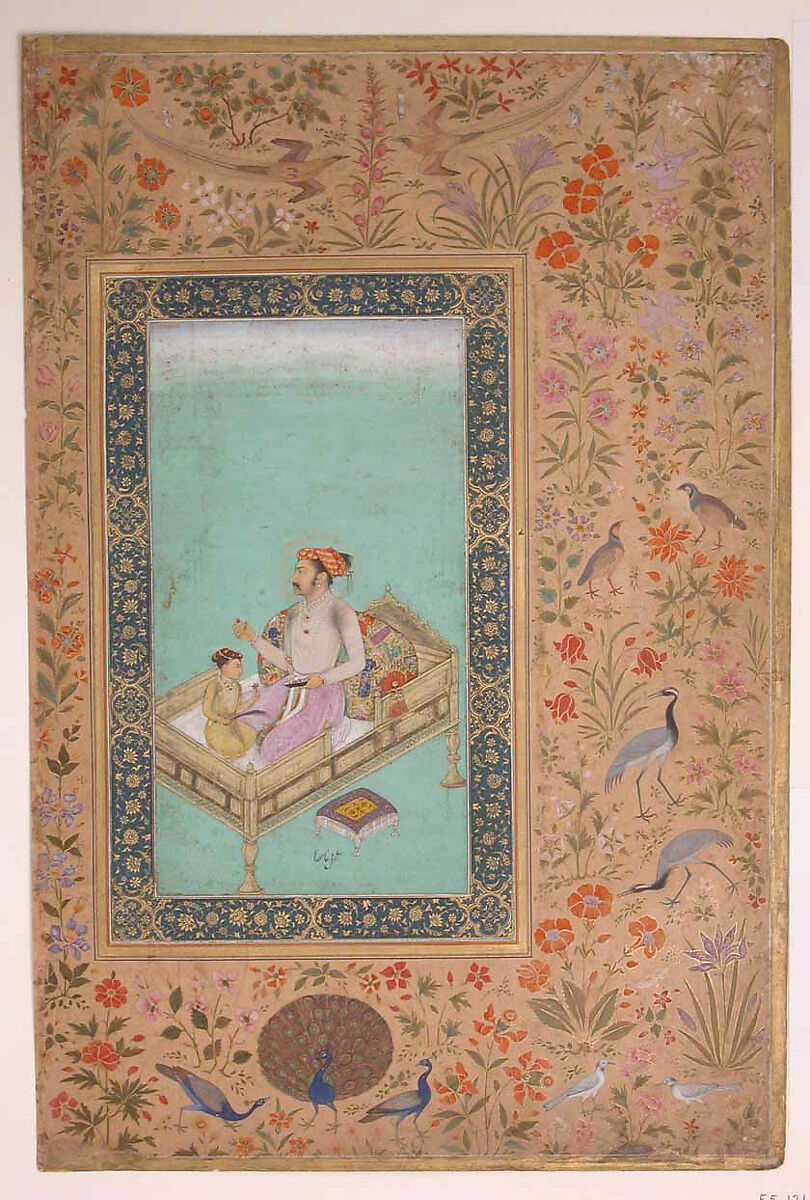 "The Emperor Shah Jahan with his Son Dara Shikoh", Folio from the Shah Jahan Album, Painting by Nanha, Ink, opaque watercolor, and gold on paper
Margins: Gold and opaque watercolor on dyed paper