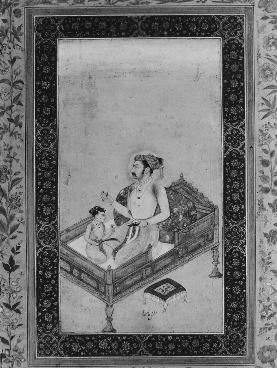 "The Emperor Shah Jahan with his Son Dara Shikoh", Folio from the Shah Jahan Album, Painting by Nanha, Ink, opaque watercolor, and gold on paper
Margins: Gold and opaque watercolor on dyed paper