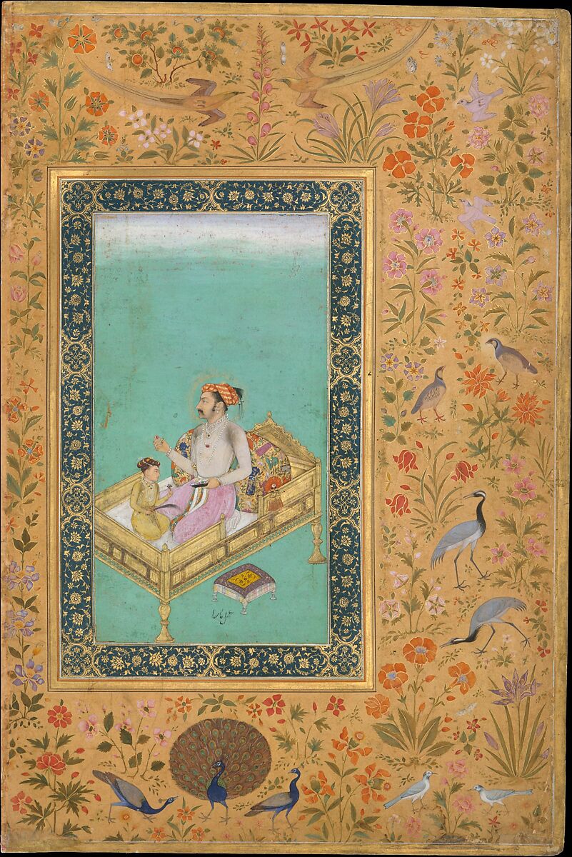 "The Emperor Shah Jahan with his Son Dara Shikoh", Folio from the Shah Jahan Album, Painting by Nanha, Ink, opaque watercolor, and gold on paper
Margins: Gold and opaque watercolor on dyed paper
