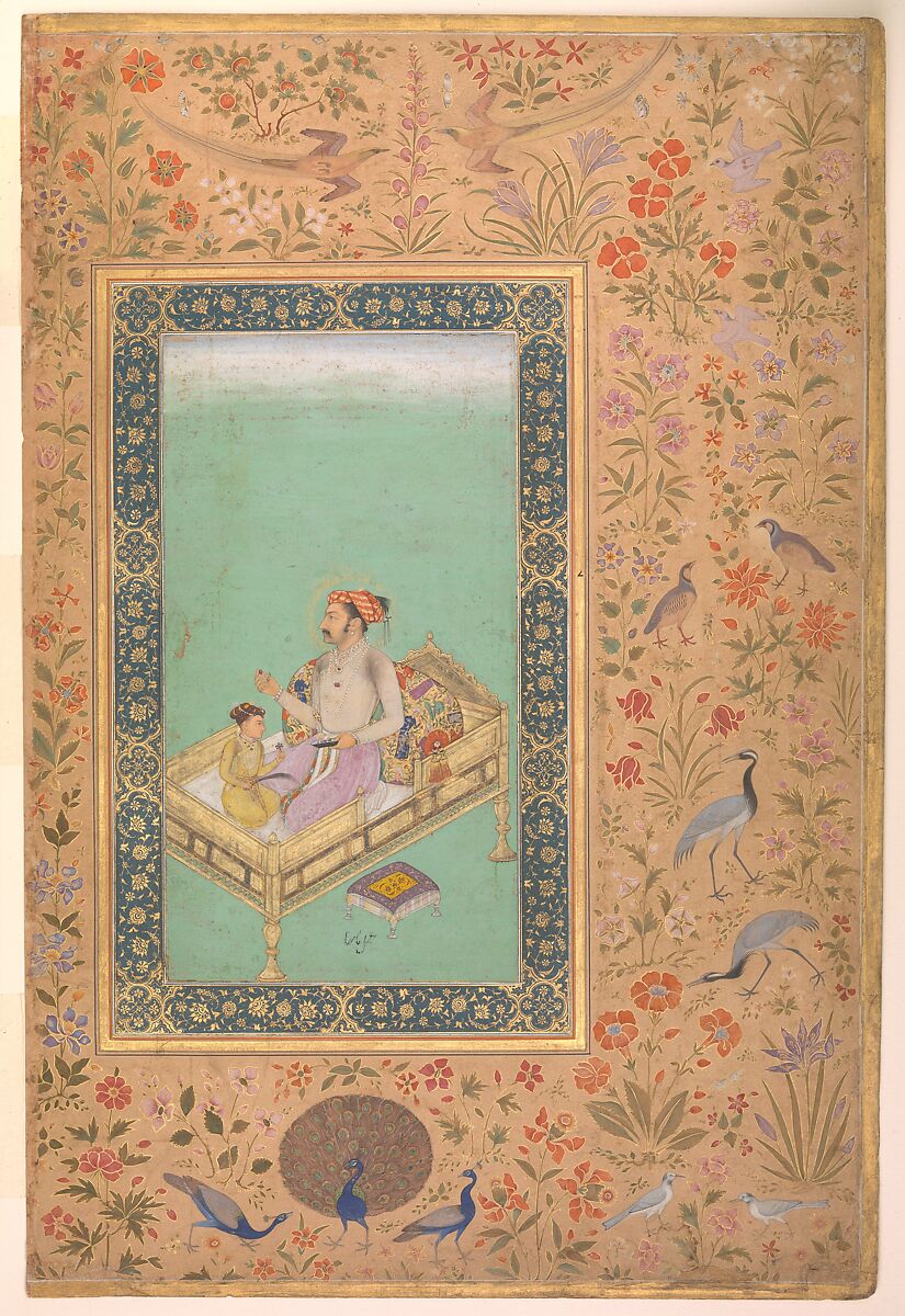 "The Emperor Shah Jahan with his Son Dara Shikoh", Folio from the Shah Jahan Album, Painting by Nanha, Ink, opaque watercolor, and gold on paper
Margins: Gold and opaque watercolor on dyed paper 