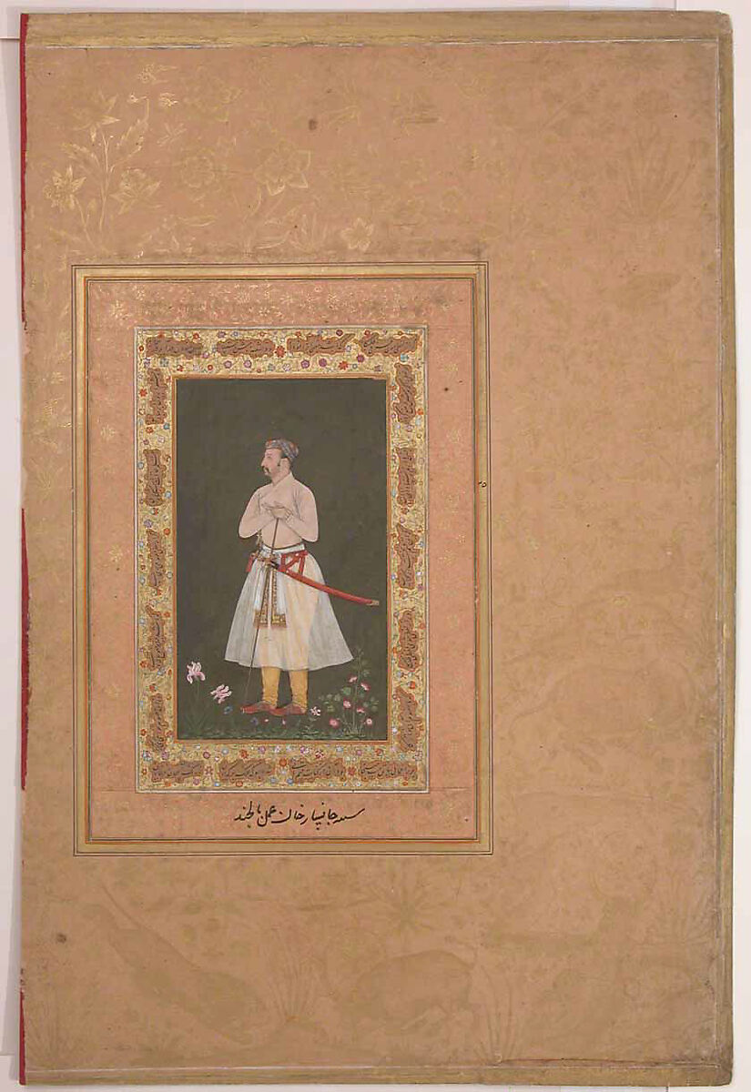 "Portrait of Jahangir Beg, Jansipar Khan", Folio from the Shah Jahan Album, Painting by Balchand (Indian, 1595–ca. 1650), Ink, opaque watercolor, and gold on paper
