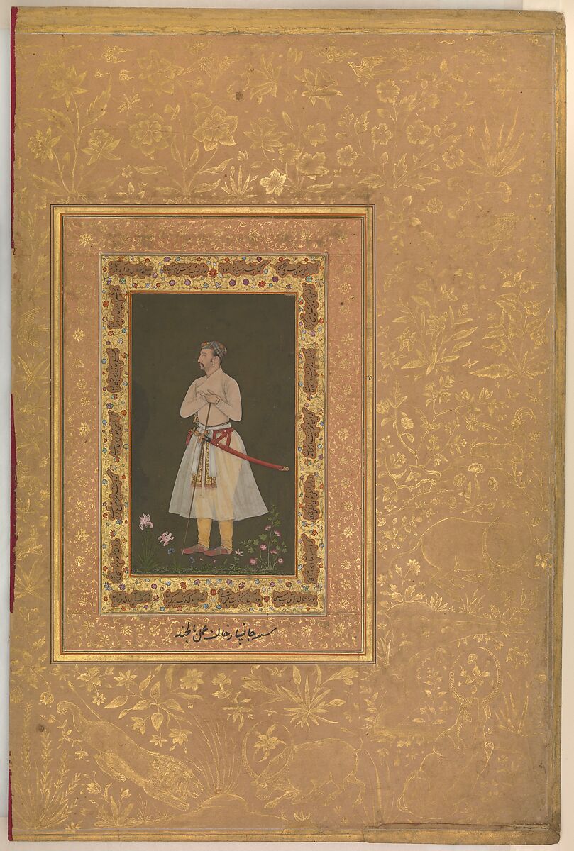 "Portrait of Jahangir Beg, Jansipar Khan", Folio from the Shah Jahan Album, Painting by Balchand (Indian, 1595–ca. 1650), Ink, opaque watercolor, and gold on paper 