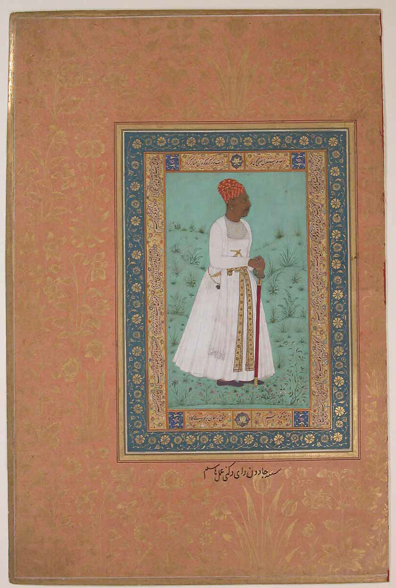 "Portrait of Jadun Rai Deccani", Folio from the Shah Jahan Album, Painting by Hashim (Indian, active ca. 1620–60), Ink, opaque watercolor, and gold on paper
