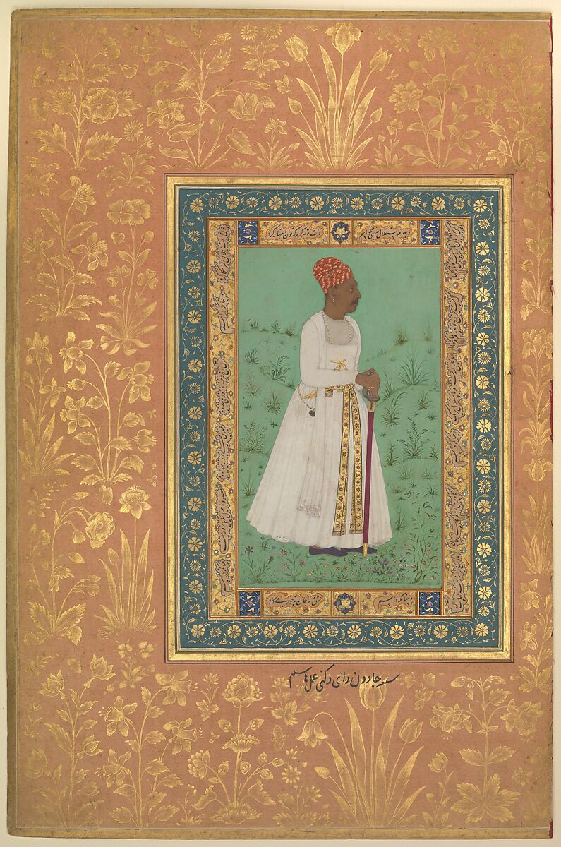 "Portrait of Jadun Rai Deccani", Folio from the Shah Jahan Album, Painting by Hashim (Indian, active ca. 1620–60), Ink, opaque watercolor, and gold on paper 
