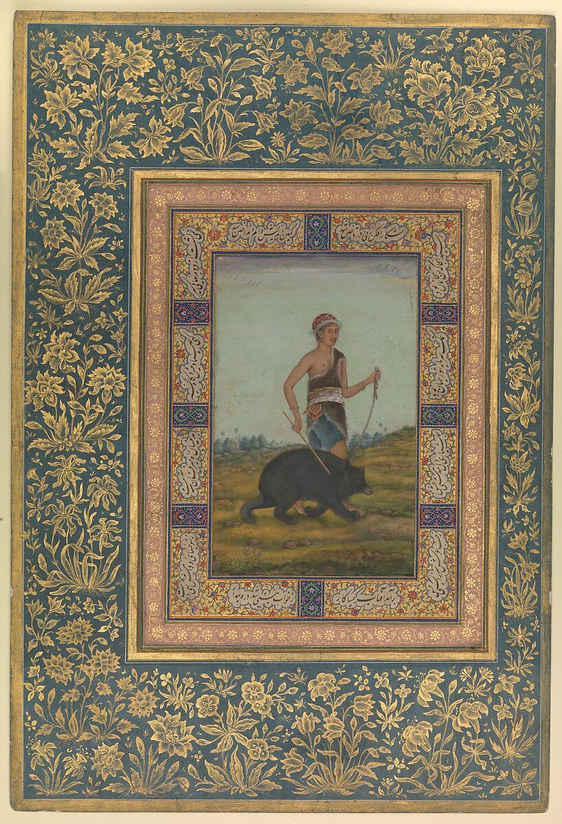 "Dervish Leading a Bear", Folio from the Shah Jahan Album, Painting by Govardhan (active ca. 1596–1645), Ink, opaque watercolor, and gold on paper 