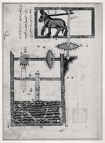 "Design on Each Side for Waterwheel Worked by Donkey Power", Folio from a Book of the Knowledge of Ingenious Mechanical Devices by al-Jazari, Badi' al-Zaman ibn al-Razzaz al-Jazari (Northern Mesopotamia 1136–1206 Northern Mesopotamia), Ink, opaque watercolor, and gold on paper
