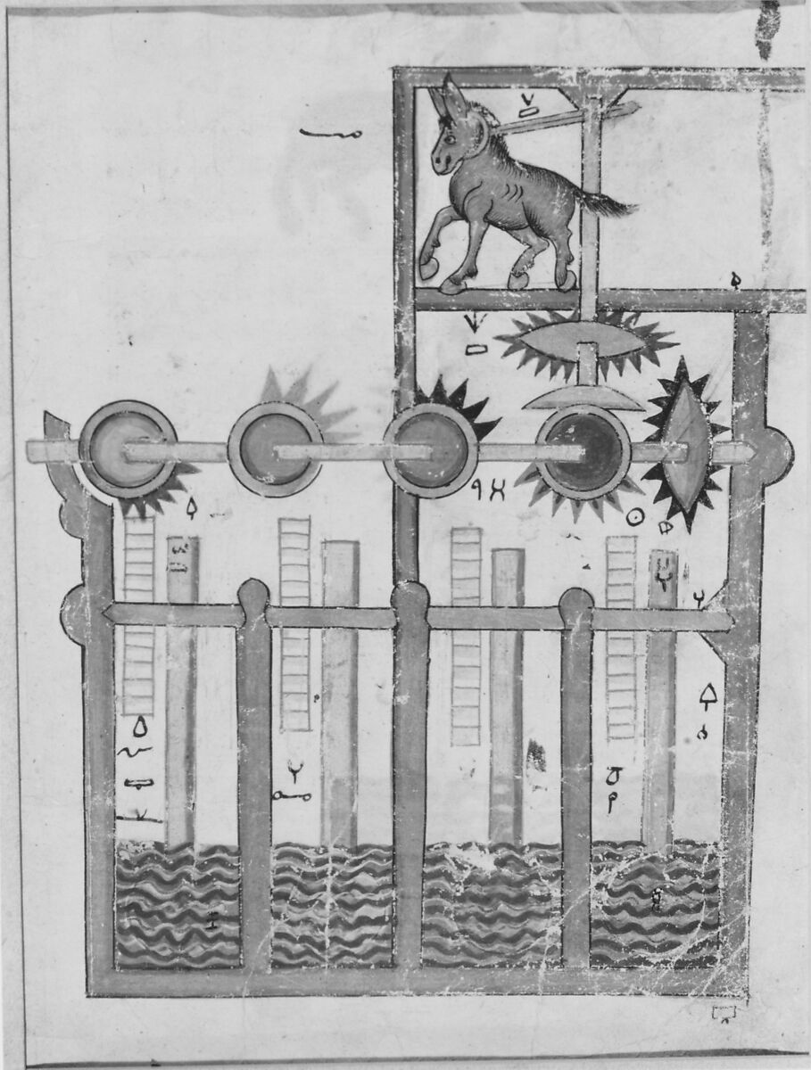 "Design on Each Side for Waterwheel Worked by Donkey Power", Folio from a Book of the Knowledge of Ingenious Mechanical Devices by al-Jazari, Badi' al-Zaman ibn al-Razzaz al-Jazari (Northern Mesopotamia 1136–1206 Northern Mesopotamia), Ink, opaque watercolor, and gold on paper