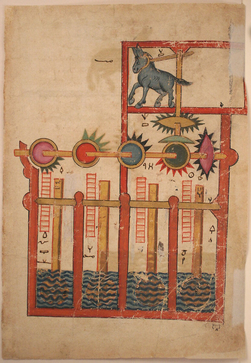 "Design on Each Side for Waterwheel Worked by Donkey Power", Folio from a Book of the Knowledge of Ingenious Mechanical Devices by al-Jazari, Badi' al-Zaman ibn al-Razzaz al-Jazari (Northern Mesopotamia 1136–1206 Northern Mesopotamia), Ink, opaque watercolor, and gold on paper