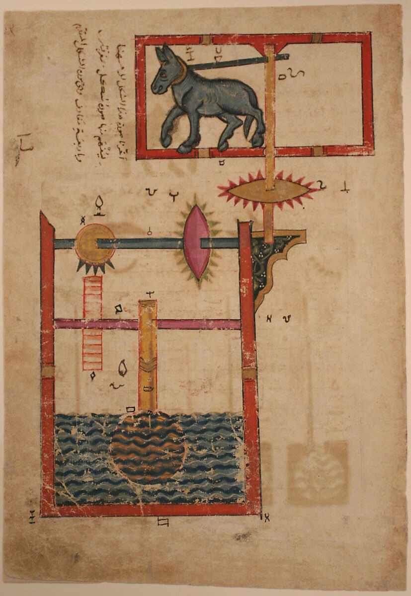 "Design on Each Side for Waterwheel Worked by Donkey Power", Folio from a Book of the Knowledge of Ingenious Mechanical Devices by al-Jazari, Badi' al-Zaman ibn al-Razzaz al-Jazari (Northern Mesopotamia 1136–1206 Northern Mesopotamia), Ink, opaque watercolor, and gold on paper