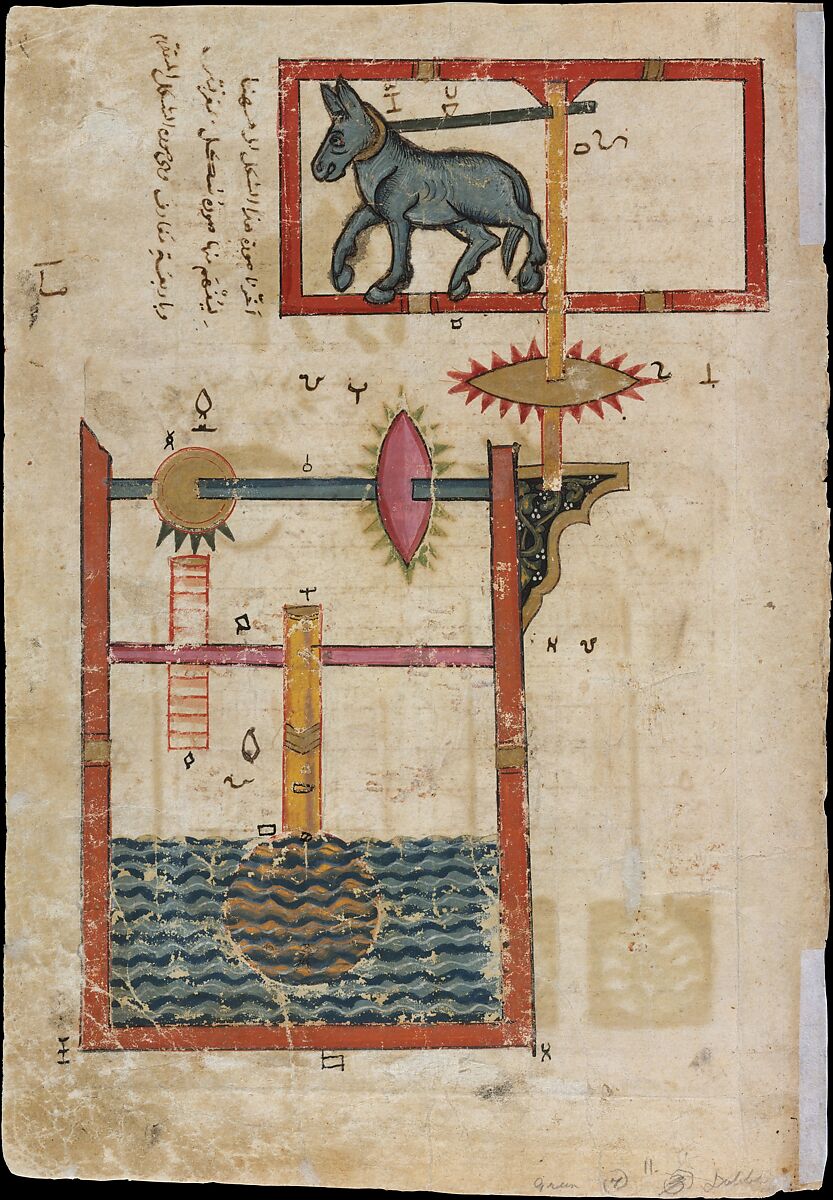 "Design on Each Side for Waterwheel Worked by Donkey Power", Folio from a Book of the Knowledge of Ingenious Mechanical Devices by al-Jazari, Badi&#39; al-Zaman ibn al-Razzaz al-Jazari (Northern Mesopotamia 1136–1206 Northern Mesopotamia), Ink, opaque watercolor, and gold on paper 