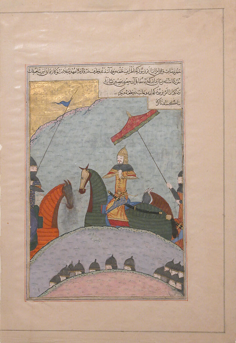 "Timur before Battle", Folio from a Dispersed Copy of the Zafarnama (Book of Victories) of Sharaf al-din 'Ali Yazdi, Sharaf al-din 'Ali Yazdi (Iranian, Yazd 1370s–1454 Yazd), Ink, opaque watercolor, silver, and gold on paper