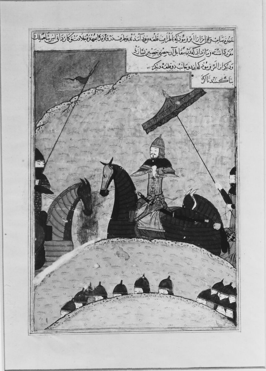 "Timur before Battle", Folio from a Dispersed Copy of the Zafarnama (Book of Victories) of Sharaf al-din 'Ali Yazdi, Sharaf al-din 'Ali Yazdi (Iranian, Yazd 1370s–1454 Yazd), Ink, opaque watercolor, silver, and gold on paper