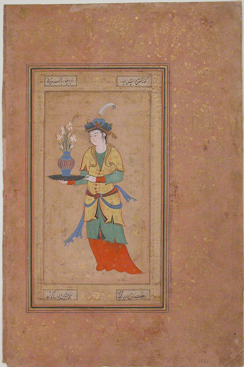 Woman with Vase of Lilies, Opaque watercolor and gold on paper