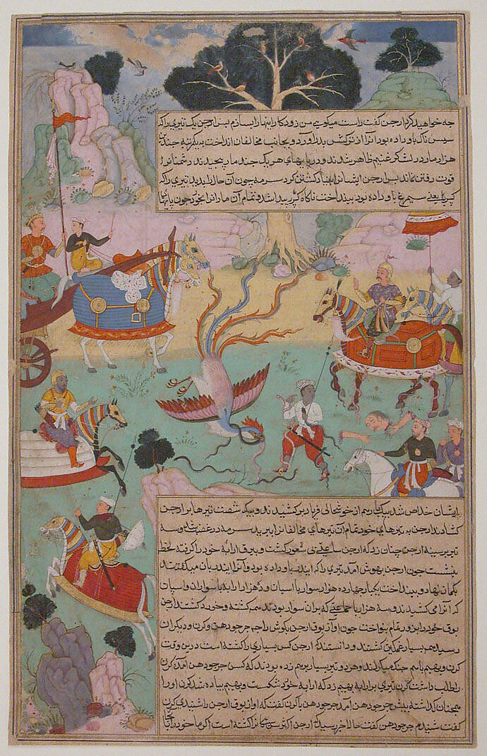 "Fighting Arjuna, Susarma Unleashes the Suparna Weapon which Invokes Garuda", Folio from a Razmnama, &#39;Abd al-Rahim ibn Muhammad Bairam Khan Khan-i Khanan (Indian, Delhi 1556–1627 Agra), Ink, opaque watercolor, and gold on paper 