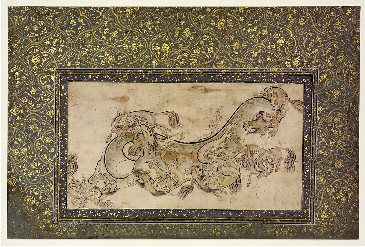 Chilins (Chinese Chimerical Creatures) Fighting with a Dragon, Ink, opaque watercolor, and gold on paper 