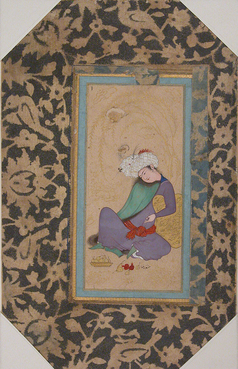 Man in a Fur-Lined Coat, Painting by Riza-yi 'Abbasi (Iranian, ca. 1565–d. 1635), Ink, opaque watercolor, and gold on paper