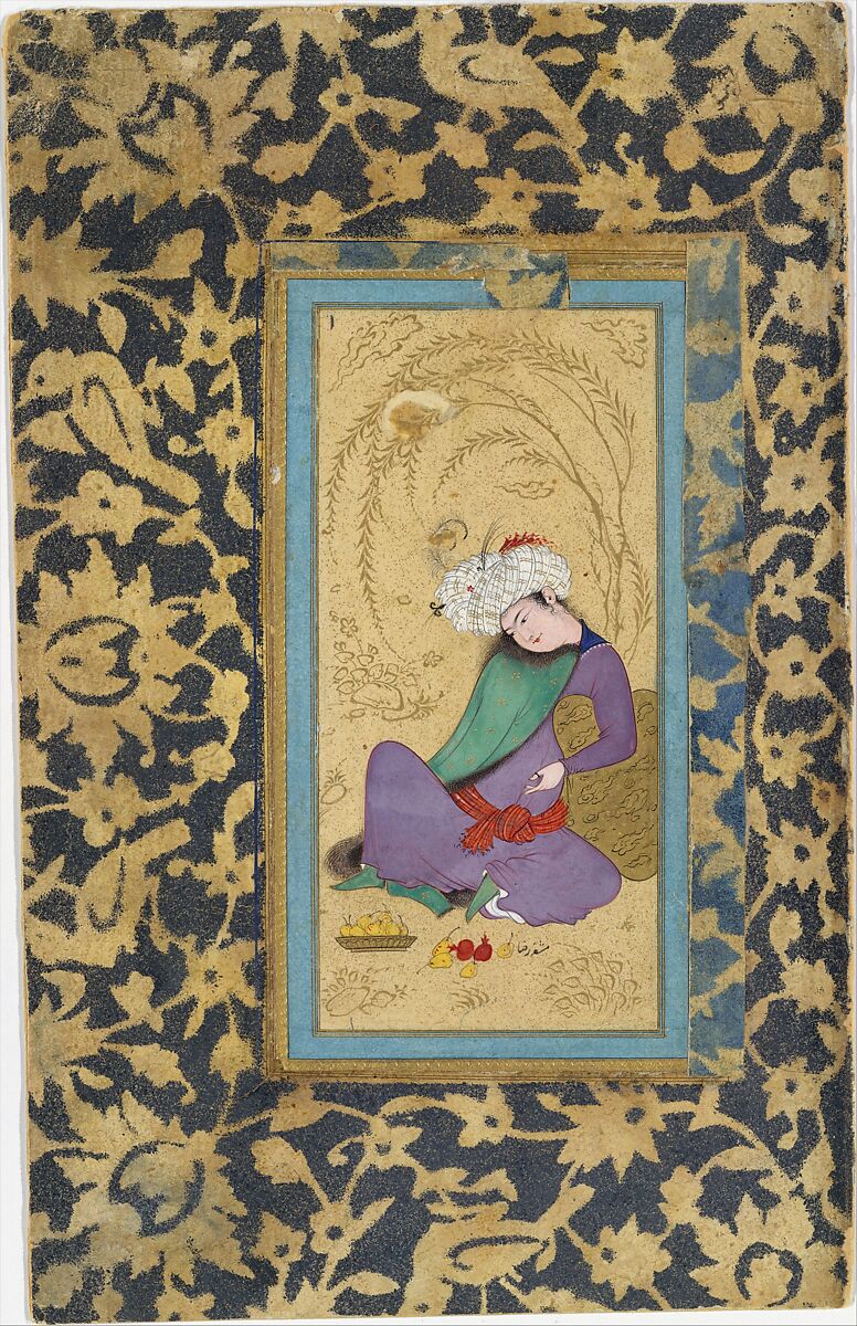 Man in a Fur-Lined Coat, Painting by Riza-yi &#39;Abbasi (Iranian, ca. 1565–d. 1635), Ink, opaque watercolor, and gold on paper 